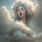 Tranquil woman surrounded by fluffy clouds and birds