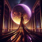 Silhouette of person in flowing gown under neon moon in cathedral-like space