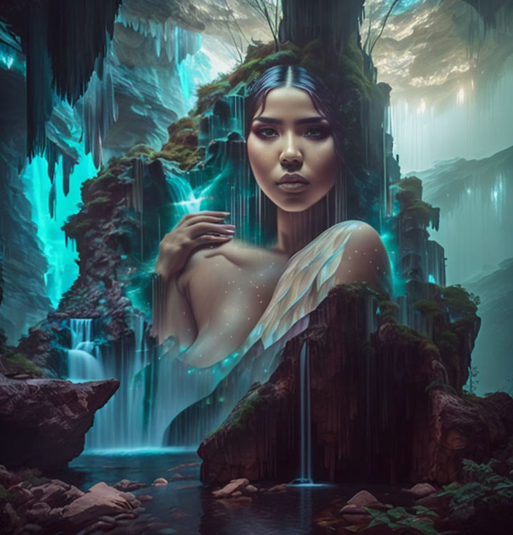 Surreal portrait of a woman with ethereal wings in mystical forest