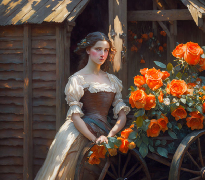 Vintage dress woman with orange roses and wooden hut painting