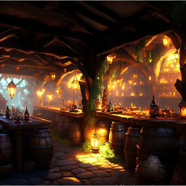 Warmly Lit Tavern Interior with Wooden Tables, Barrels, Candles, and Tree