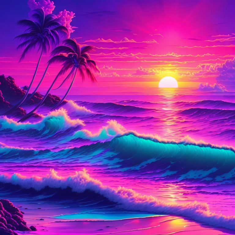 Vibrant beach scene: pink and purple skies, setting sun, crashing waves, silhouet