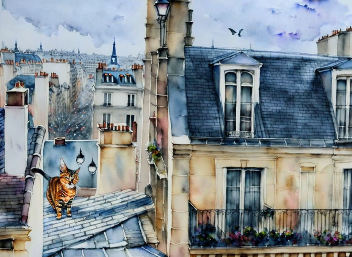 Cat on Rooftop in Cityscape Watercolor Painting with Bird