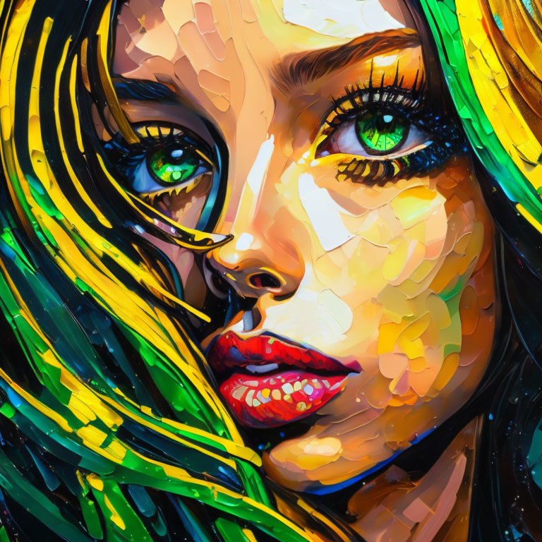 Vibrant portrait of a woman with green eyes and colorful hair