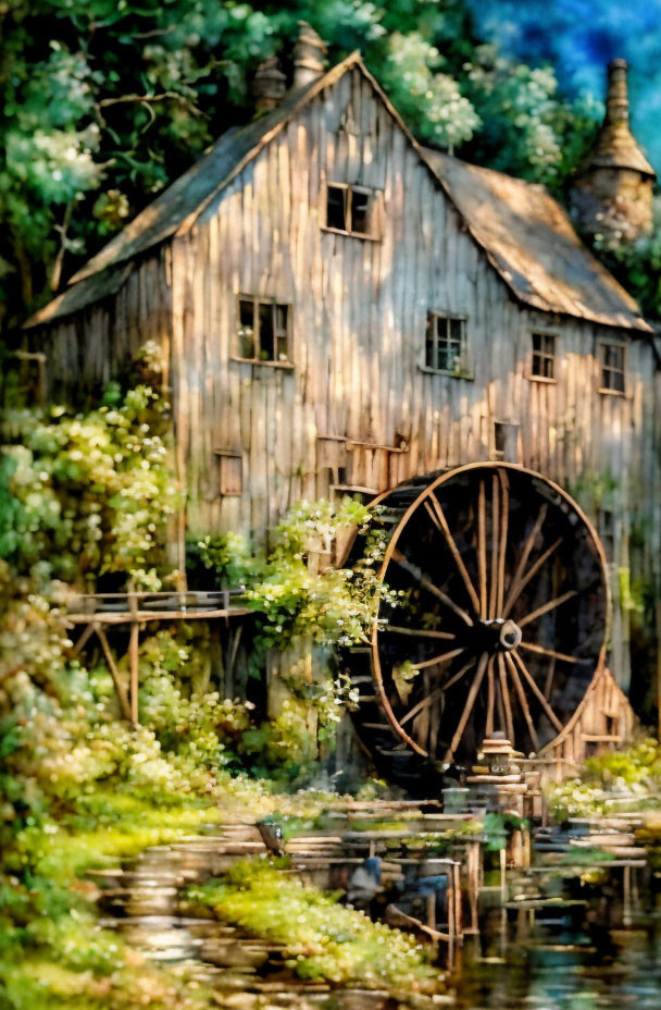 Rustic wooden watermill by tranquil stream surrounded by greenery