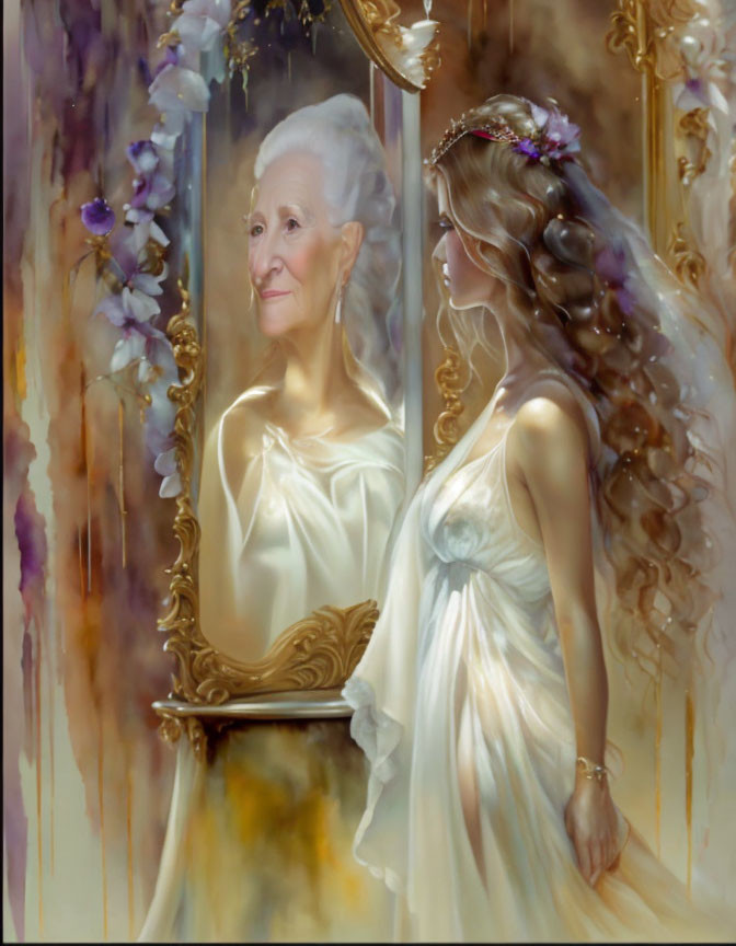 Young woman in white gown gazes at mirror reflection of elderly lady in golden frame
