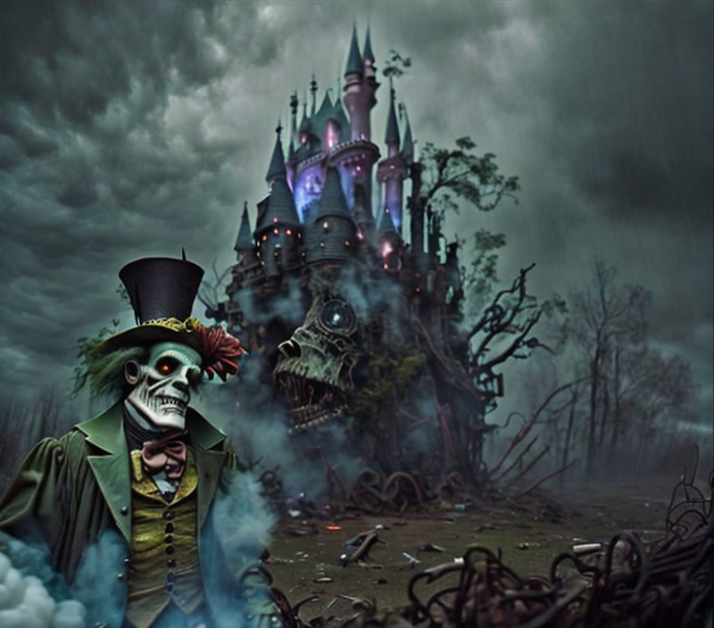 Eerie figure with skeletal face near haunting castle in stormy landscape