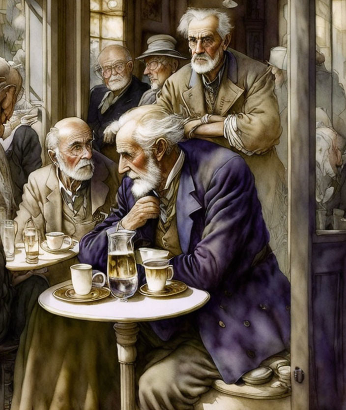 Elderly Men Chatting in Cozy Café Scene