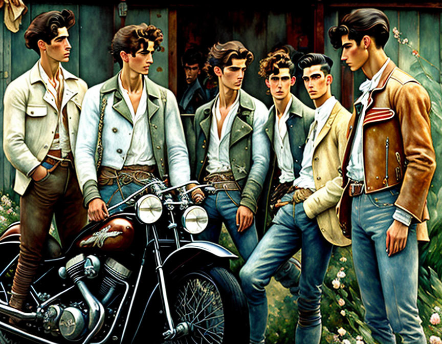 Six young men in retro style with leather jackets posing with a classic motorcycle against a floral backdrop.