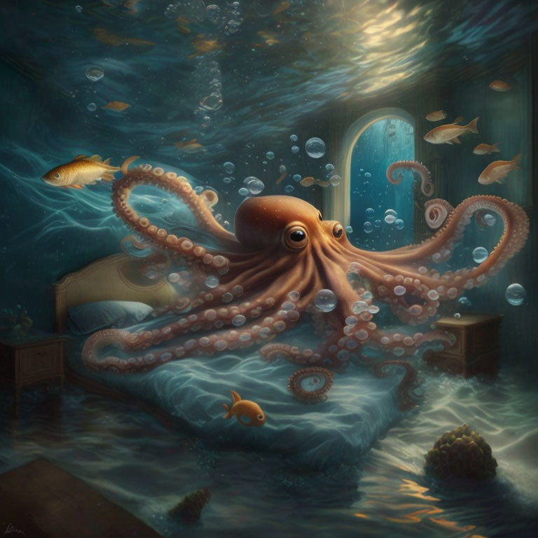 Octopus in underwater room with fish, furniture, and bubbles