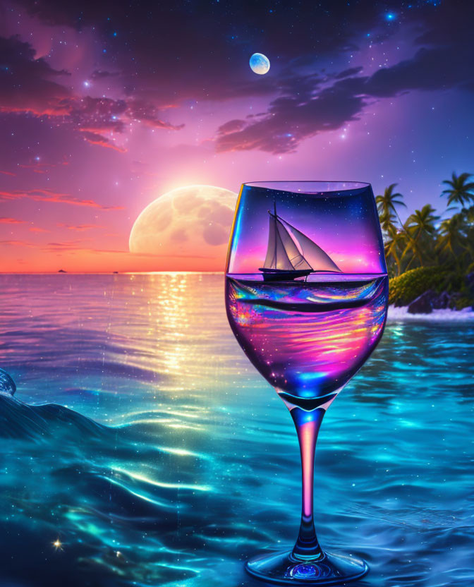 Surreal ocean scene in wine glass with sailboat, sunset, stars, planets, tropical trees