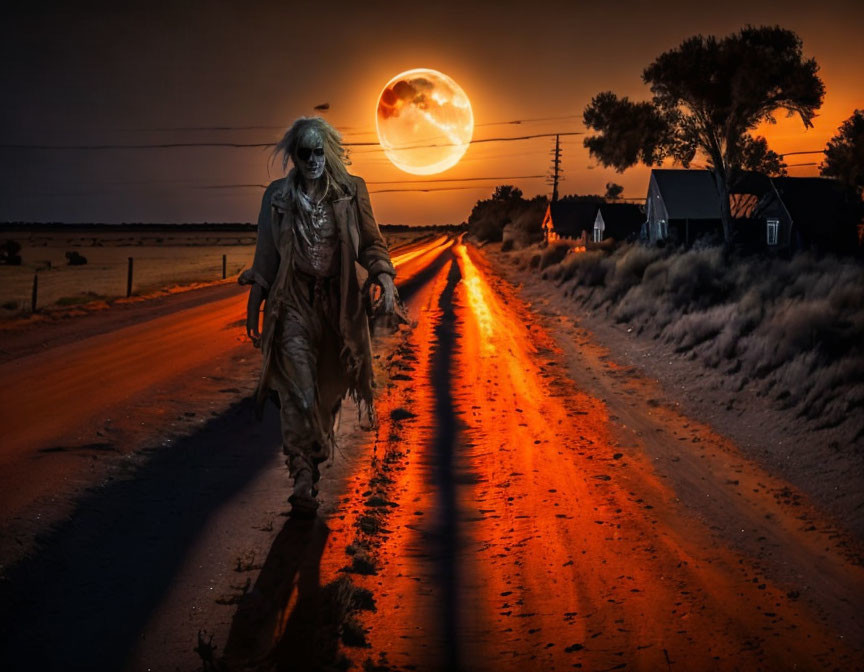 Desolate road scene with person in tattered clothes at sunset