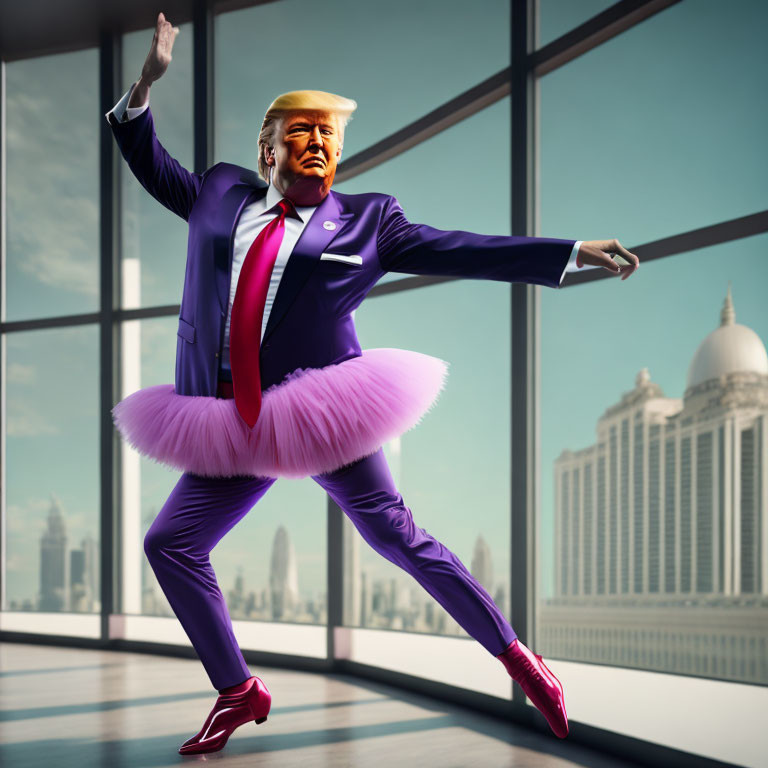 Digitally altered person in suit, pink tutu, high heels in ballet pose with cityscape background