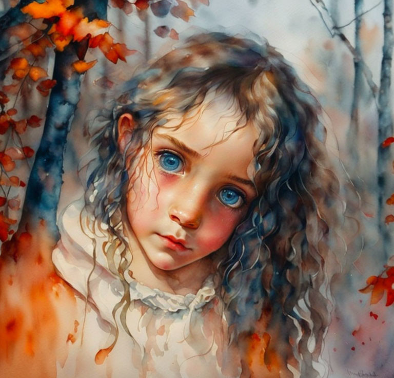 Young girl with curly hair and blue eyes in autumn setting.