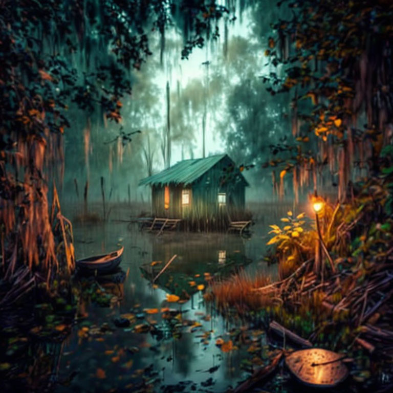 Stilted cabin in swampy forest at twilight with mist and moored boat