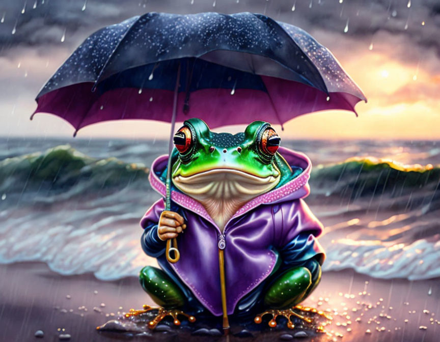 Anthropomorphic frog in purple jacket under black umbrella at sunset