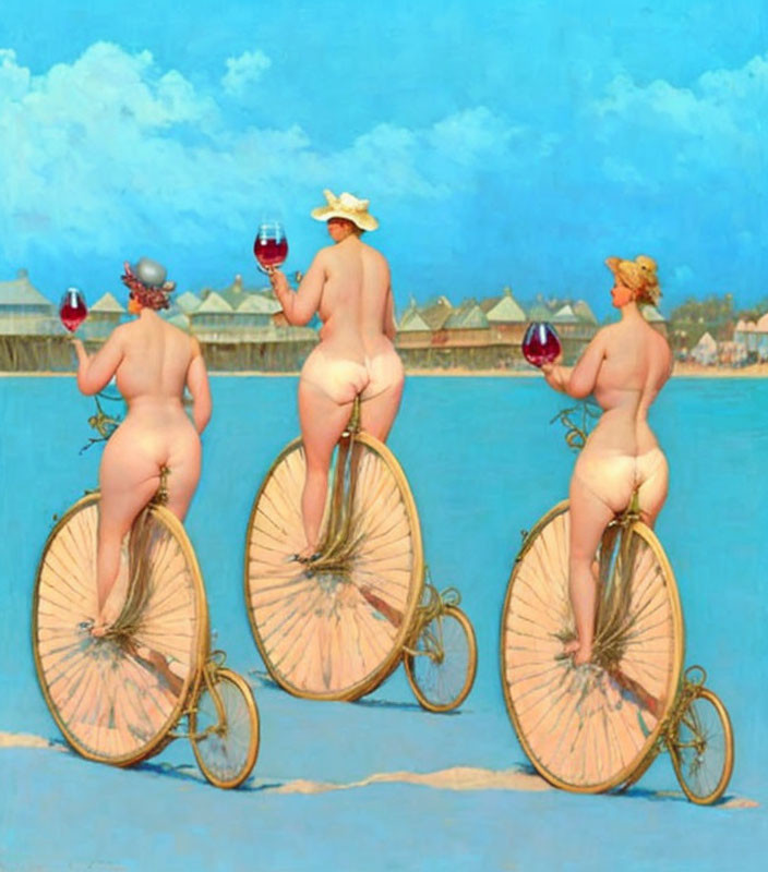 Vintage-Style Plump Figures Riding Penny-Farthings on Coastal Boardwalk