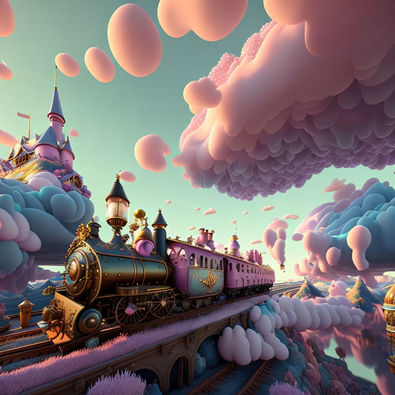 Vintage train on cloud-like track with pink and blue clouds and dreamy castle.