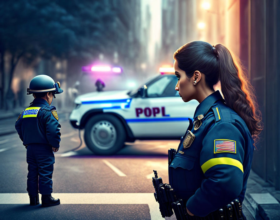 Female and child in police costumes by patrol car in urban fog.