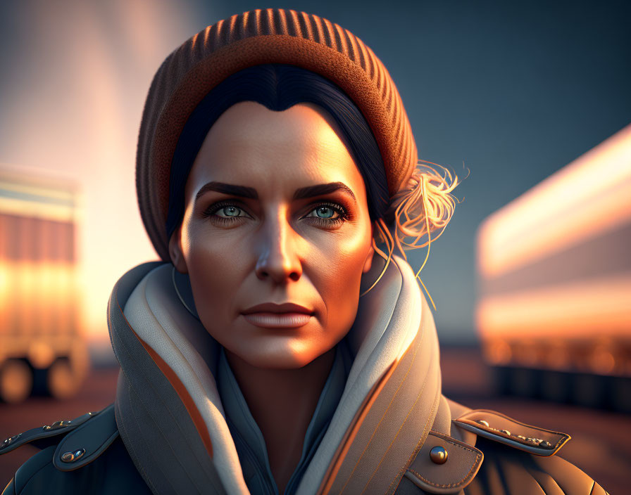 Stylized digital portrait of woman with tan beret, blue eyes, and dusk light, set