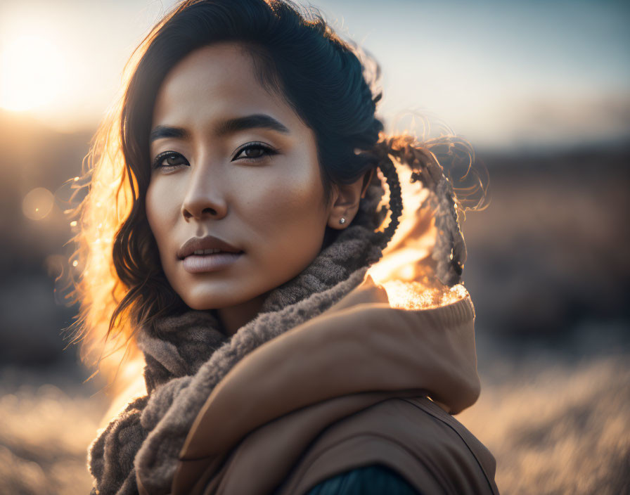 Serene woman in scarf and jacket at sunset with bokeh.