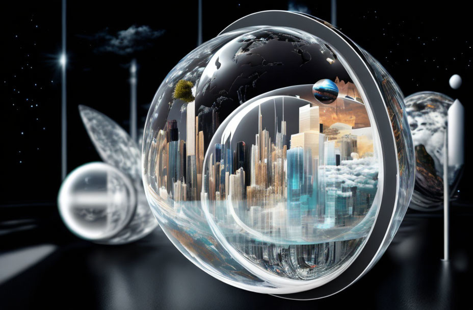 Transparent Spheres with Futuristic Cityscapes on Starry Sky