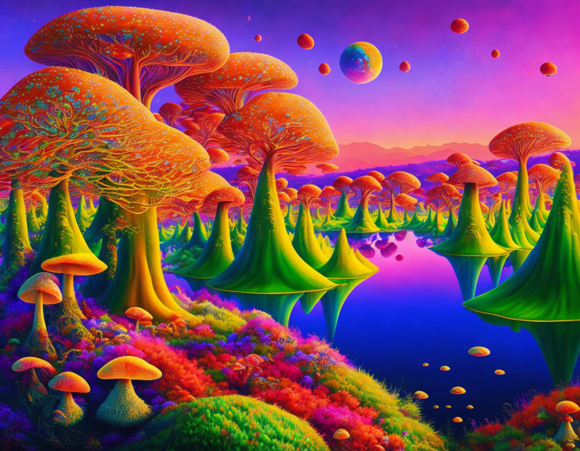 Colorful Psychedelic Landscape with Mushroom Trees and Floating Orbs