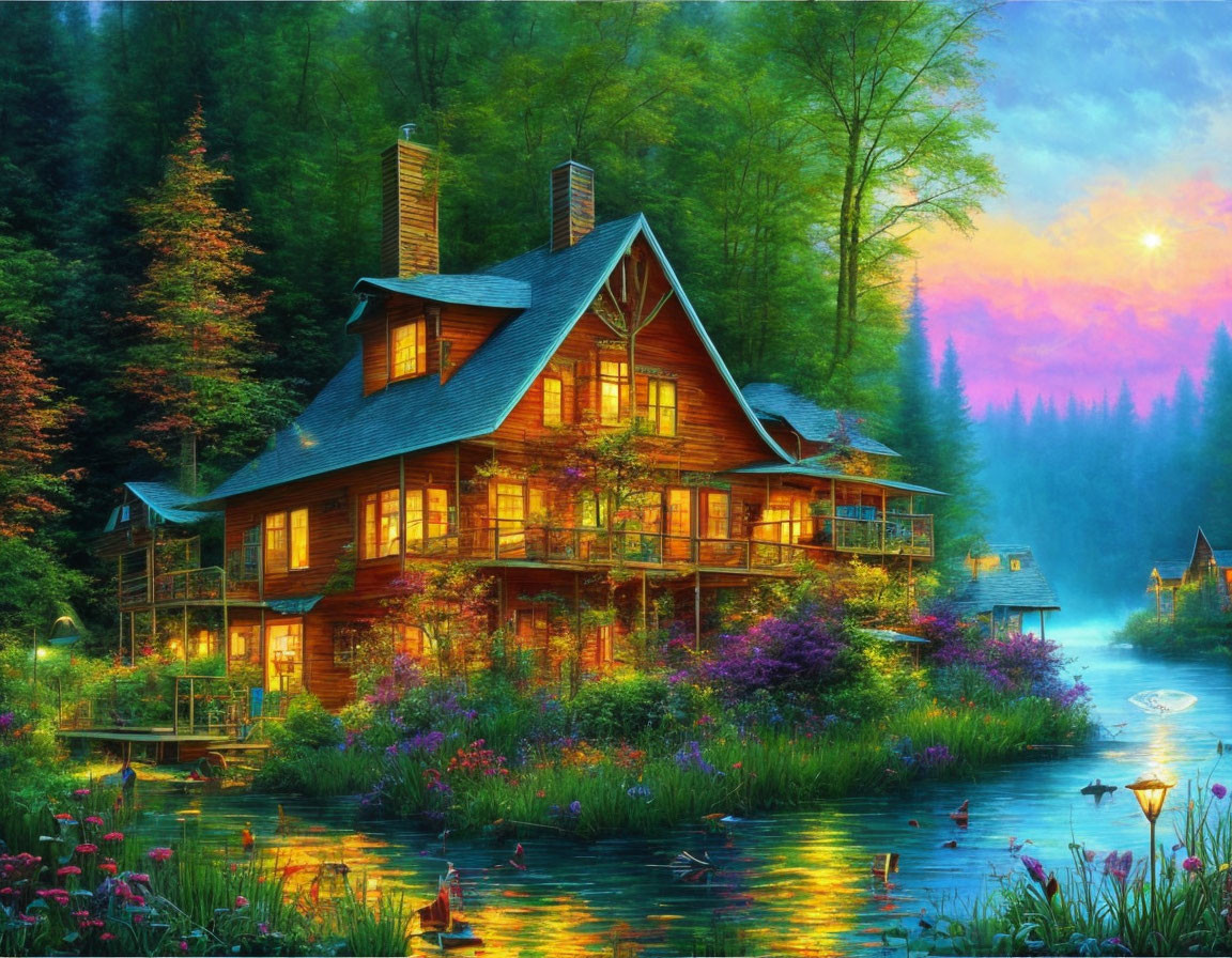 Wooden house by tranquil lake at sunset surrounded by lush greenery