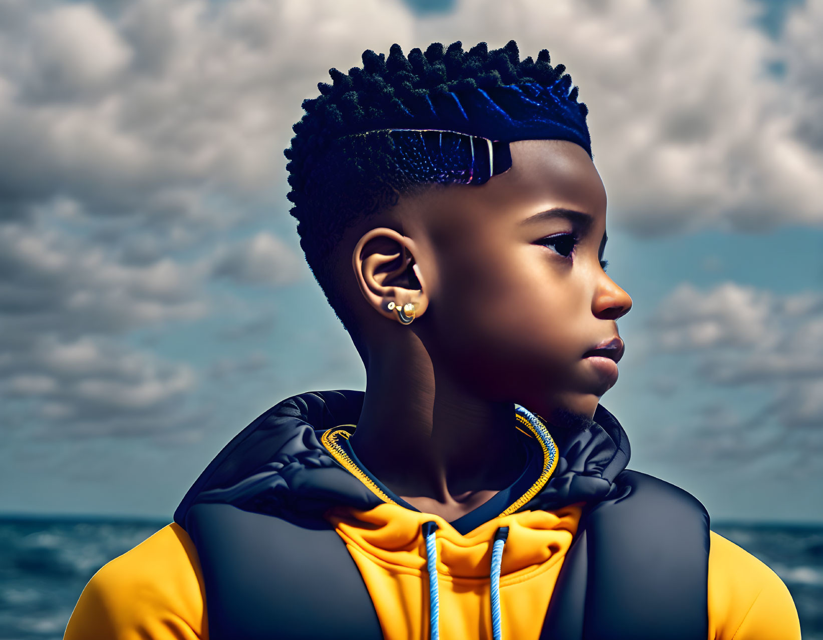 Stylish young boy in black puffer vest and yellow hoodie against cloudy sky