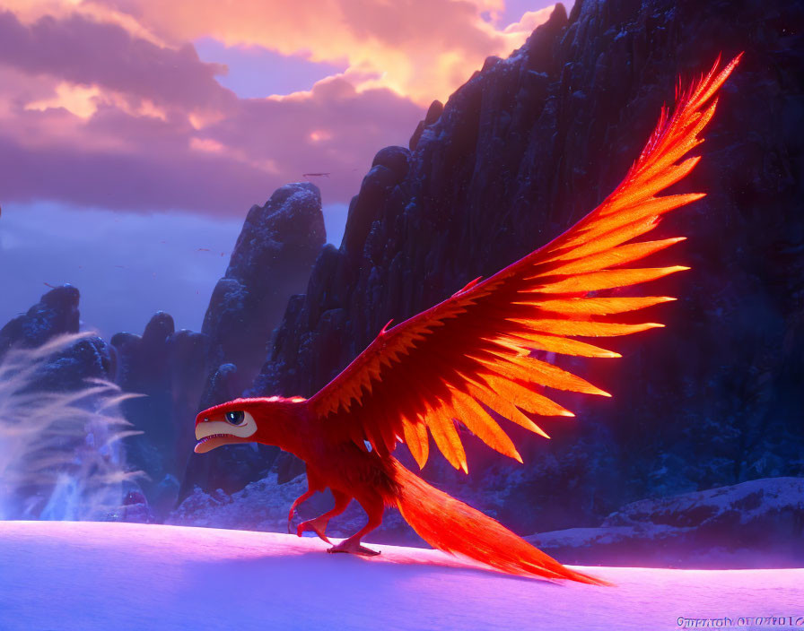 Colorful Animated Bird Walking in Snow with Sunset Sky