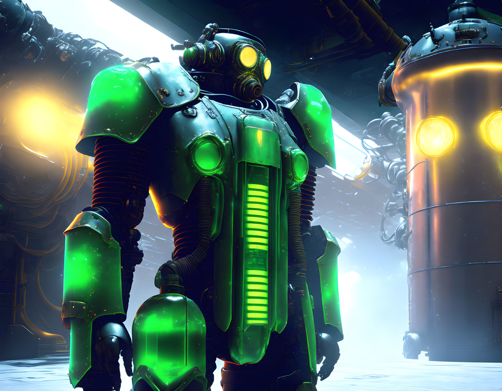 Glowing green lights on futuristic robot in industrial sci-fi setting