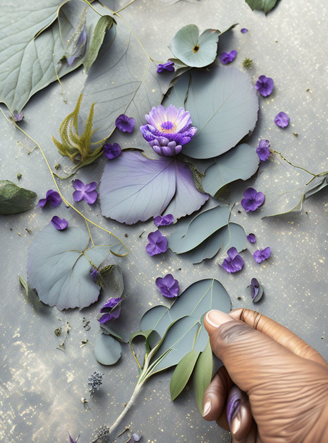 Delicate purple flowers and green leaves on textured grey surface