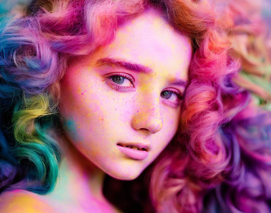 Vivid rainbow-colored curly hair on a young person with captivating eyes