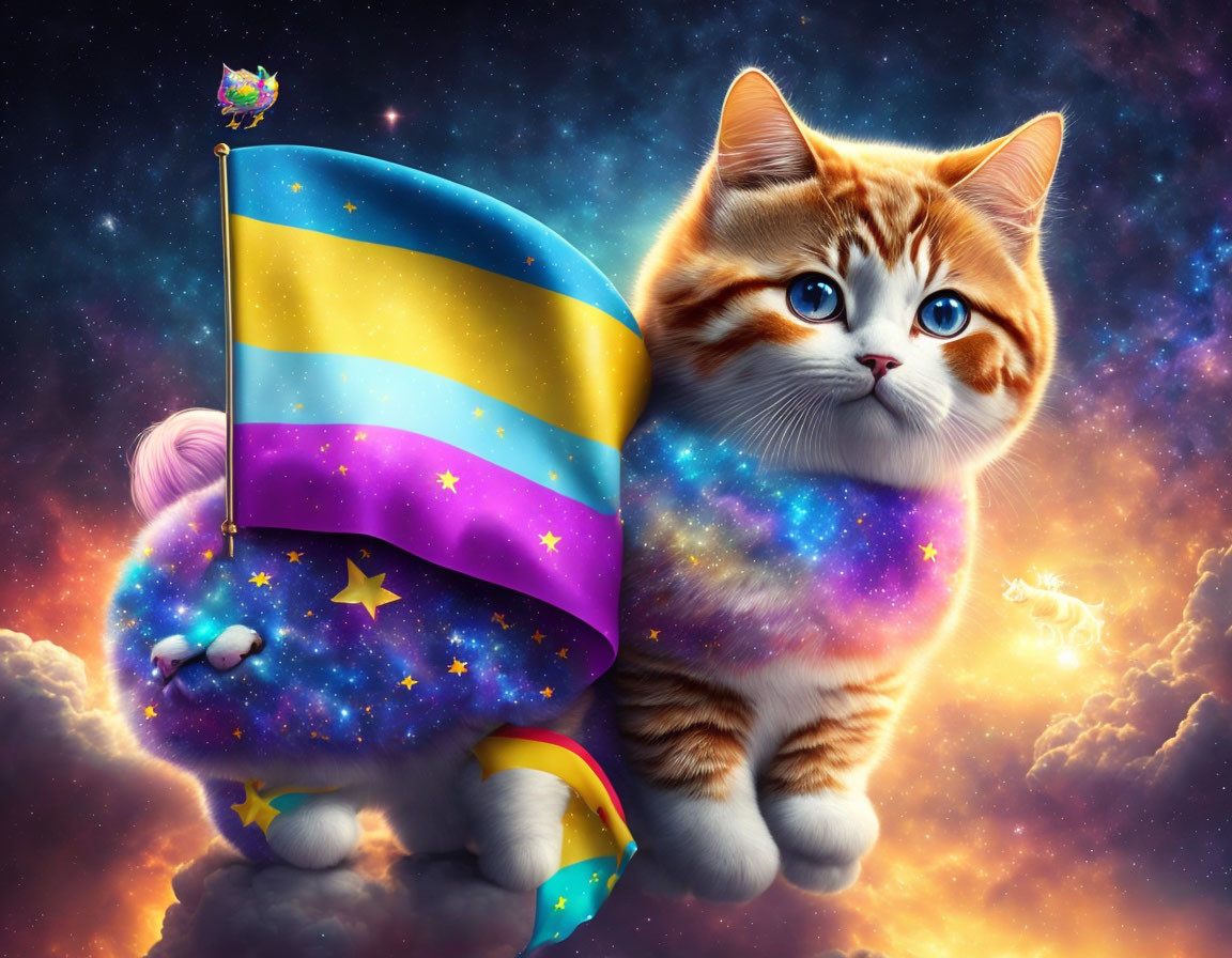 Colorful Cat Artwork with Cosmic Patterns and Galaxy Flag