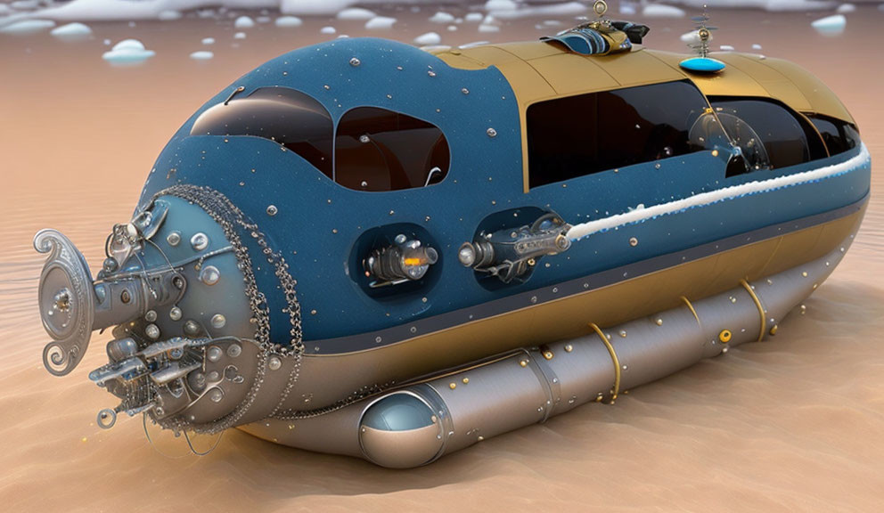 Steampunk-styled submarine with ornate details and rivets in sandy desert setting