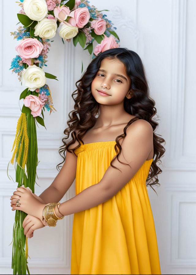 Young girl in yellow dress with long wavy hair holding green beads beside floral arrangement on white backdrop