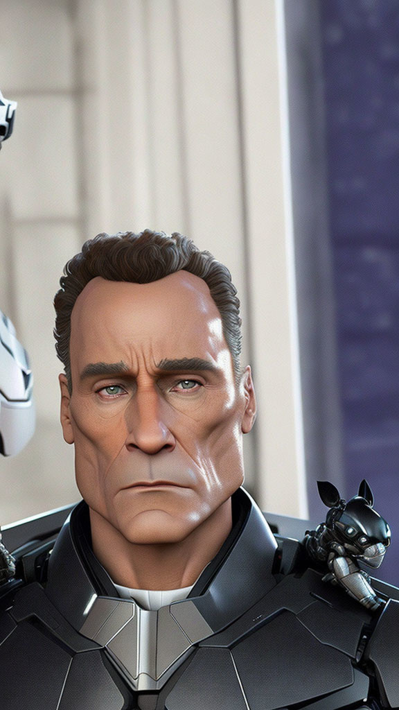 Detailed Close-Up of Stern-Faced Animated Male Character in Black Suit