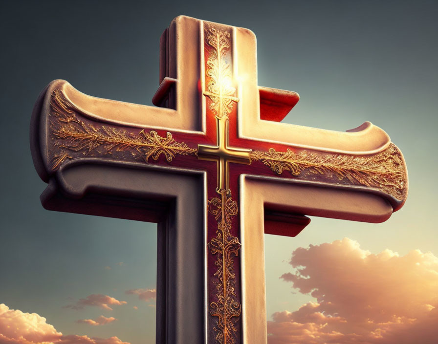 Intricate Gold-Designed Cross Against Dramatic Sky