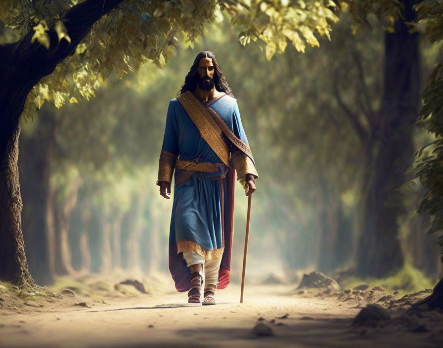 Person in historical robes walking on sunlit path with staff and glowing trees