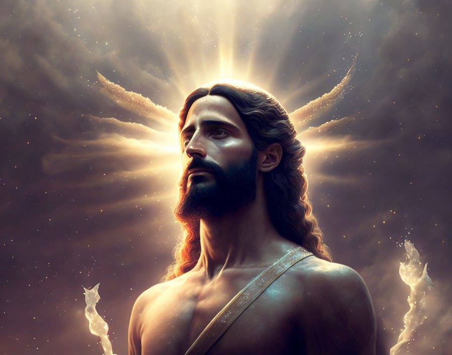 Serene bearded man with halo in celestial backdrop