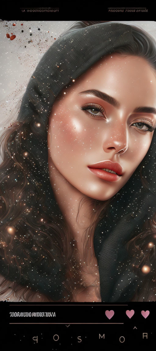 Cosmic-themed artwork of a woman with sparkling stars and radiant complexion.