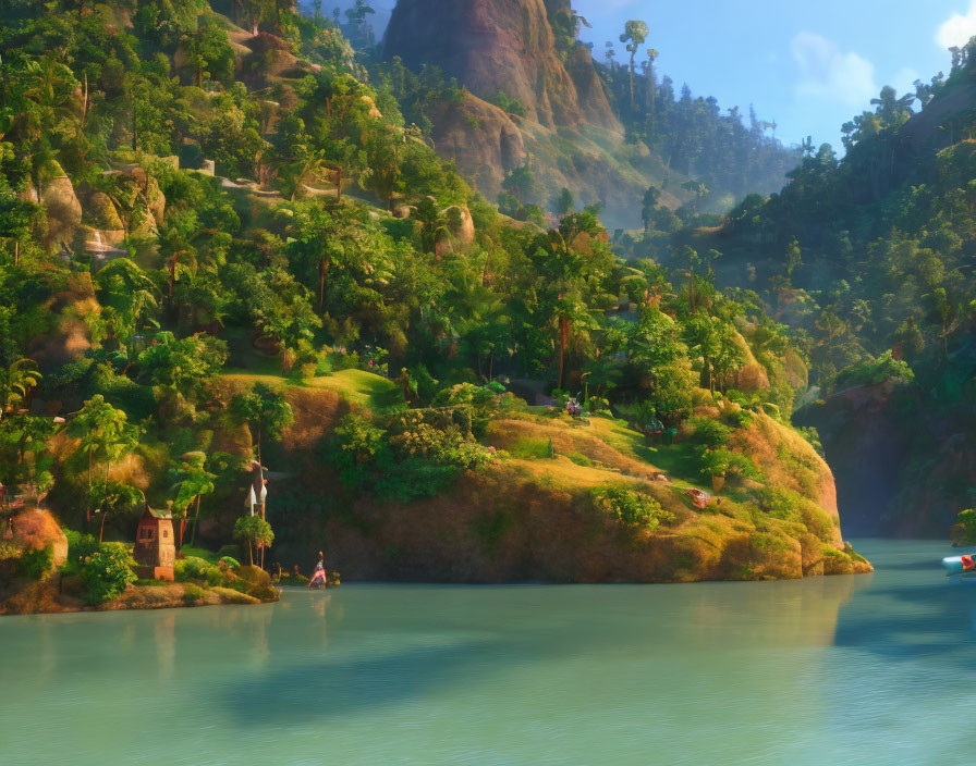 Tropical island with green foliage, rocky peaks, small building, boats under clear sky