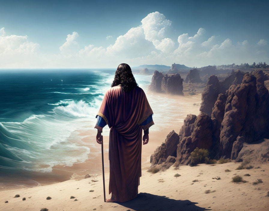 Ancient robed figure gazes at serene beach and rocky cliffs