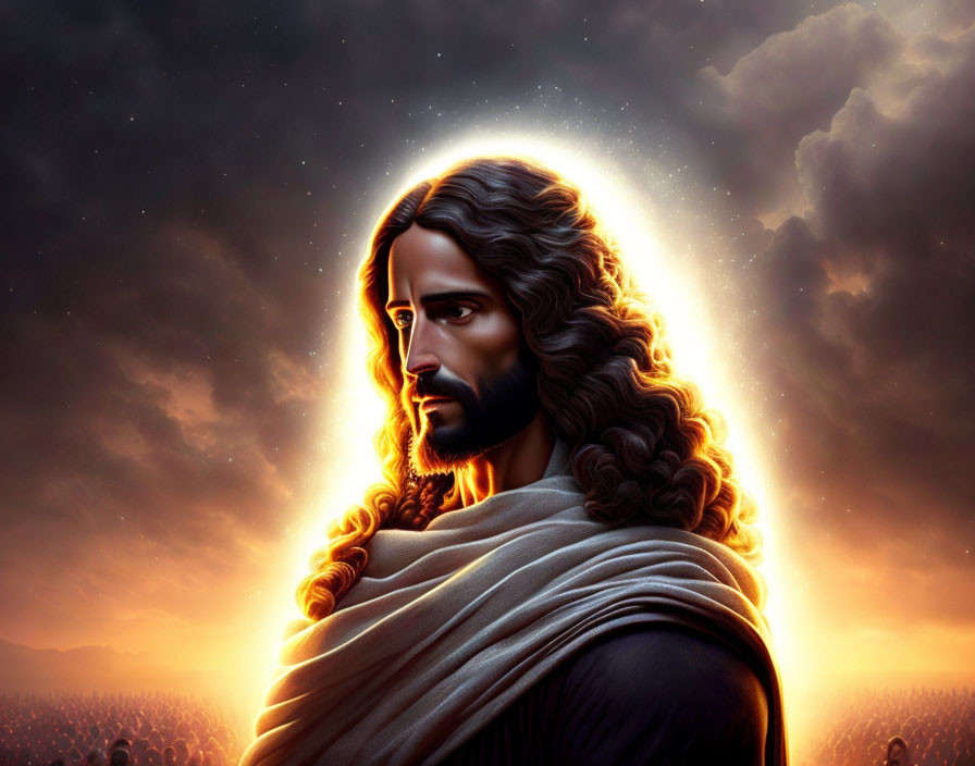 Man with Long Hair and Beard in Robe Backlit with Halo on Dramatic Sky