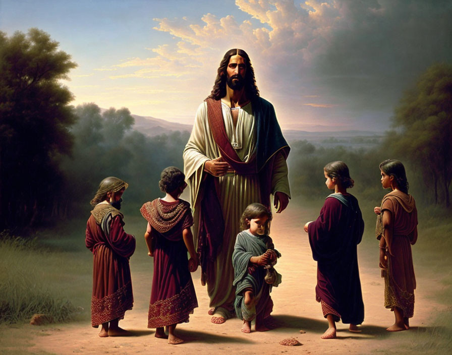 Bearded Man Leading Children in Robes Through Scenic Landscape