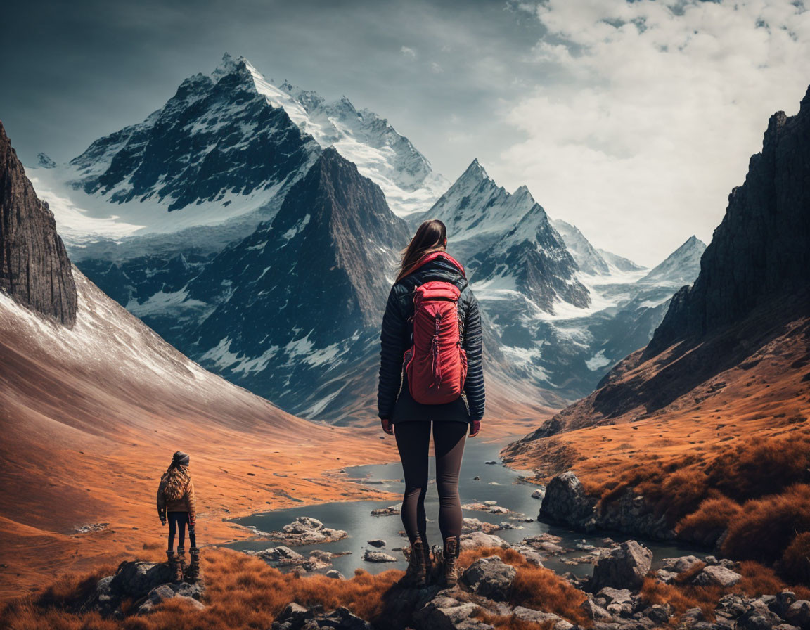 Person and dog admire snowy mountains in dramatic valley scene