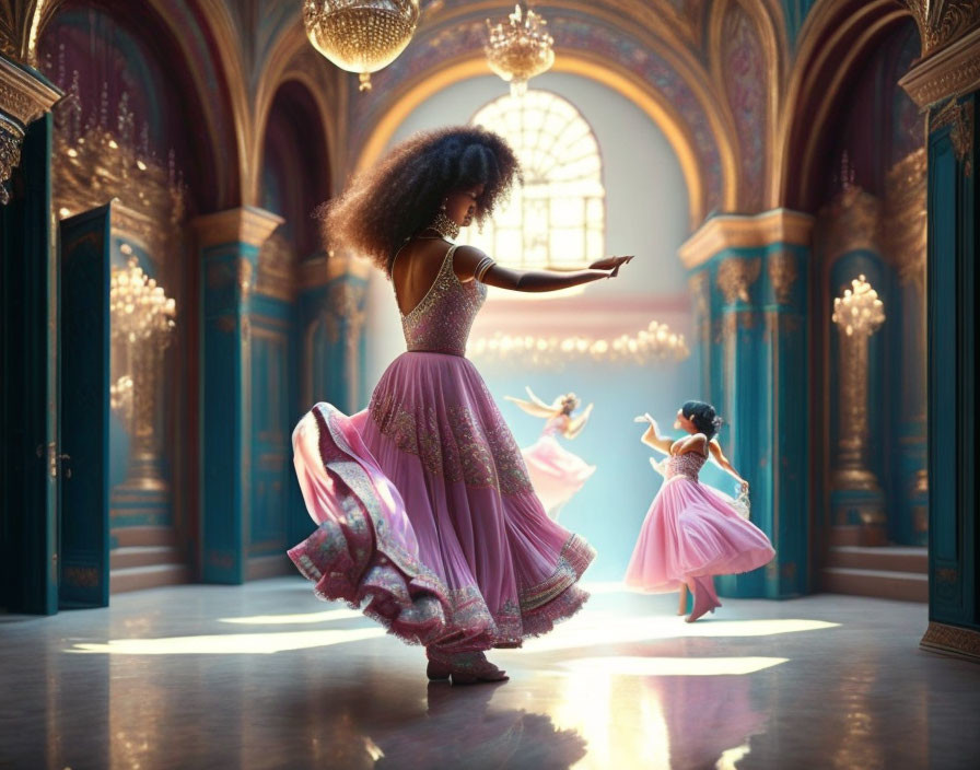 Elegant woman in purple dress dances in lavishly decorated hall with admiring little girl