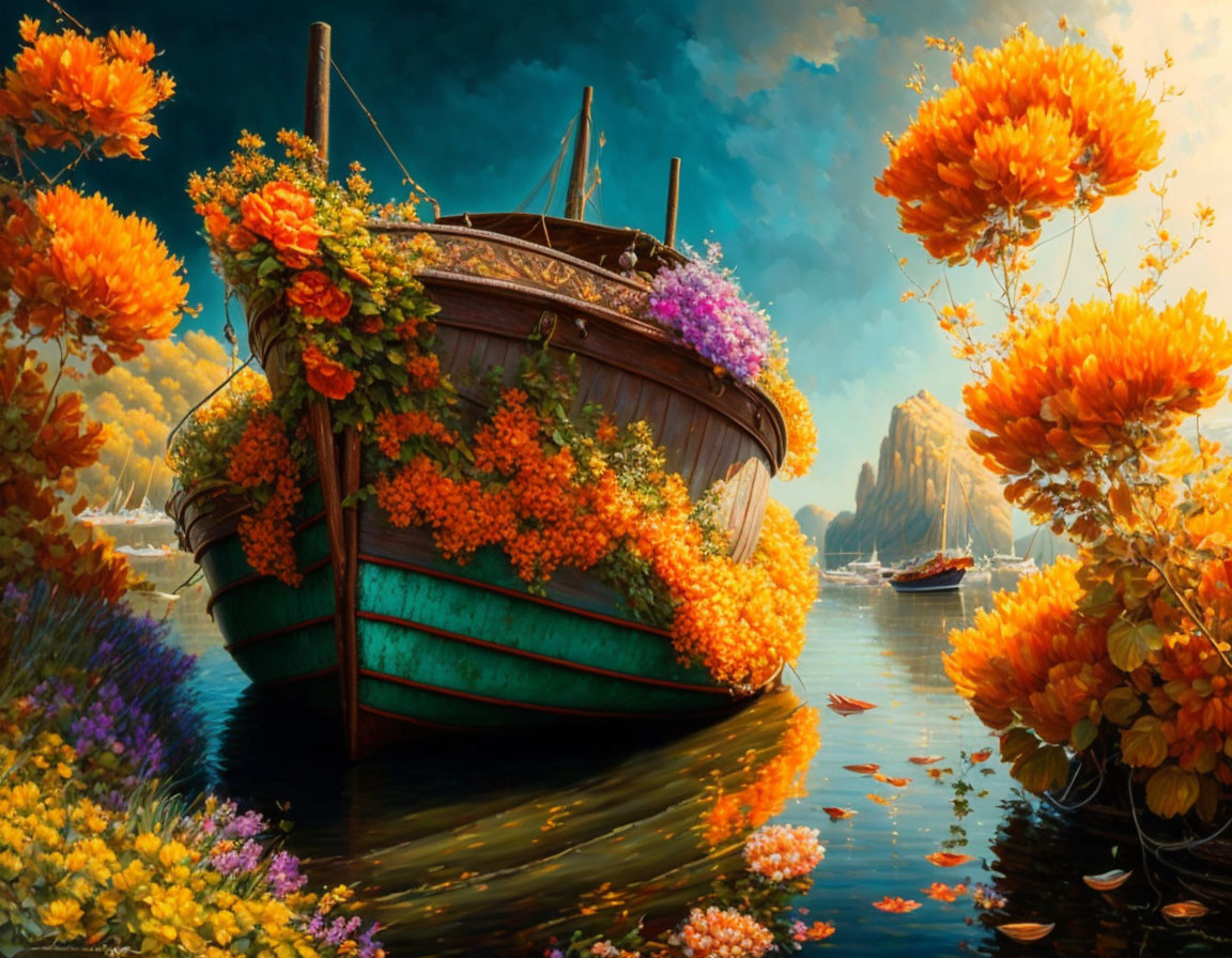 Wooden boat filled with colorful flowers on calm river surrounded by lush foliage