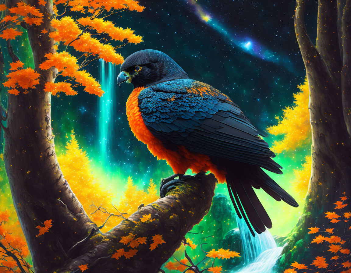 Colorful Bird on Mossy Branch in Enchanting Forest with Waterfall & Starry Sky