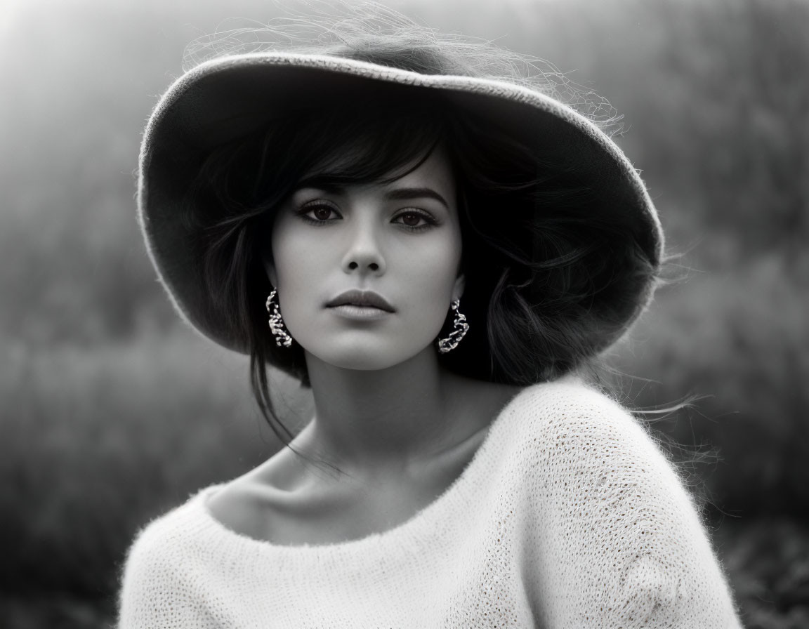 Monochrome portrait of woman in wide-brimmed hat and earrings